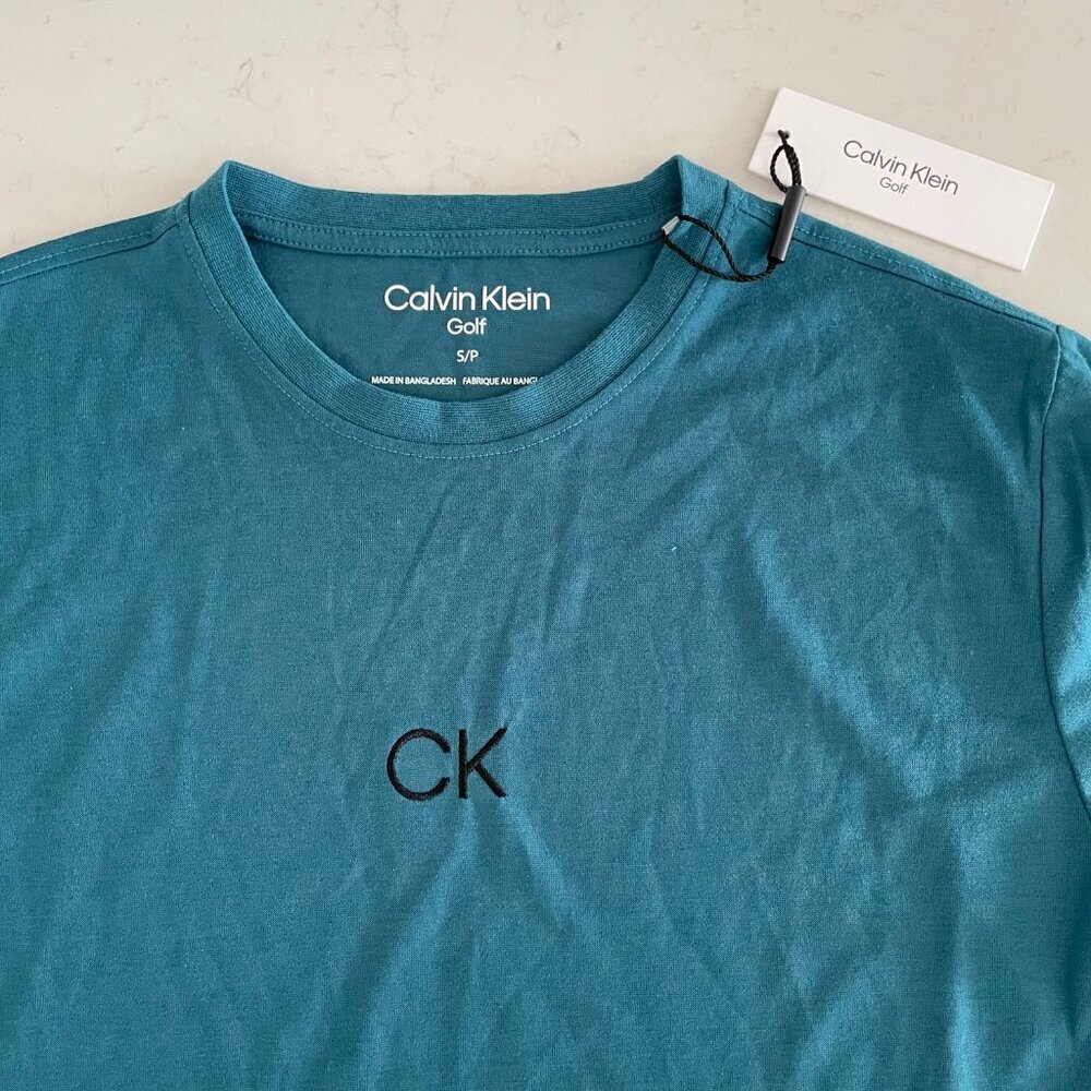 Calvin Klein Golf SS Crew Nk 100% Polyester CK Logo Tech T Shirt Teal Green Sz S - Picture 3 of 12
